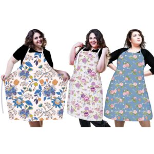 Janmercy 3 Pieces Plus Size Aprons for Women with Pockets Floral Apron Adjustable Cooking Aprons for Kitchen Cooking Baking Household Cleaning Gardening Supplies