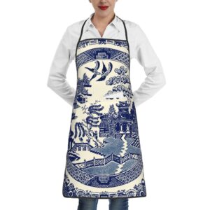 oriental style chinese blue willow aprons women men with pocket washable anti-stain kitchen chef bib apron for cooking garden bbq painting
