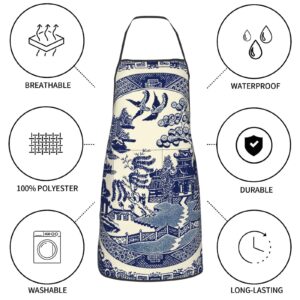 Oriental Style Chinese Blue Willow Aprons Women Men With Pocket Washable Anti-Stain Kitchen Chef Bib Apron For Cooking Garden Bbq Painting