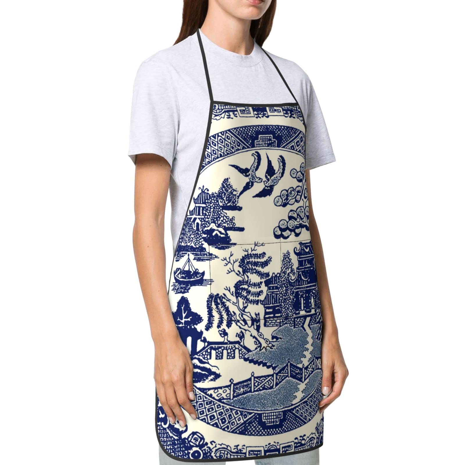 Oriental Style Chinese Blue Willow Aprons Women Men With Pocket Washable Anti-Stain Kitchen Chef Bib Apron For Cooking Garden Bbq Painting