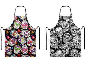 tovip sugar skull 2pcs flower apron women men colorful skull cotton linen aprons for kitchen home cooking baking cleaning accessories 26.8 x 21.7 inch