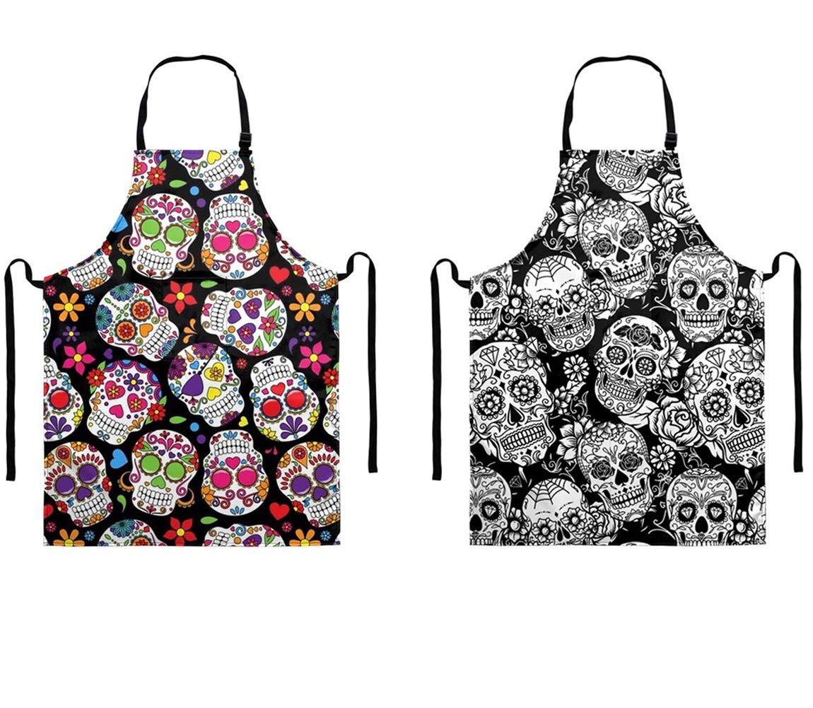 Tovip Sugar Skull 2Pcs Flower Apron Women Men Colorful Skull Cotton Linen Aprons for Kitchen Home Cooking Baking Cleaning Accessories 26.8 x 21.7 inch