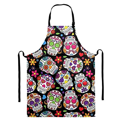 Tovip Sugar Skull 2Pcs Flower Apron Women Men Colorful Skull Cotton Linen Aprons for Kitchen Home Cooking Baking Cleaning Accessories 26.8 x 21.7 inch