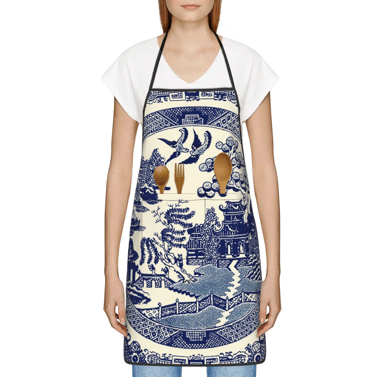 Oriental Style Chinese Blue Willow Aprons Women Men With Pocket Washable Anti-Stain Kitchen Chef Bib Apron For Cooking Garden Bbq Painting