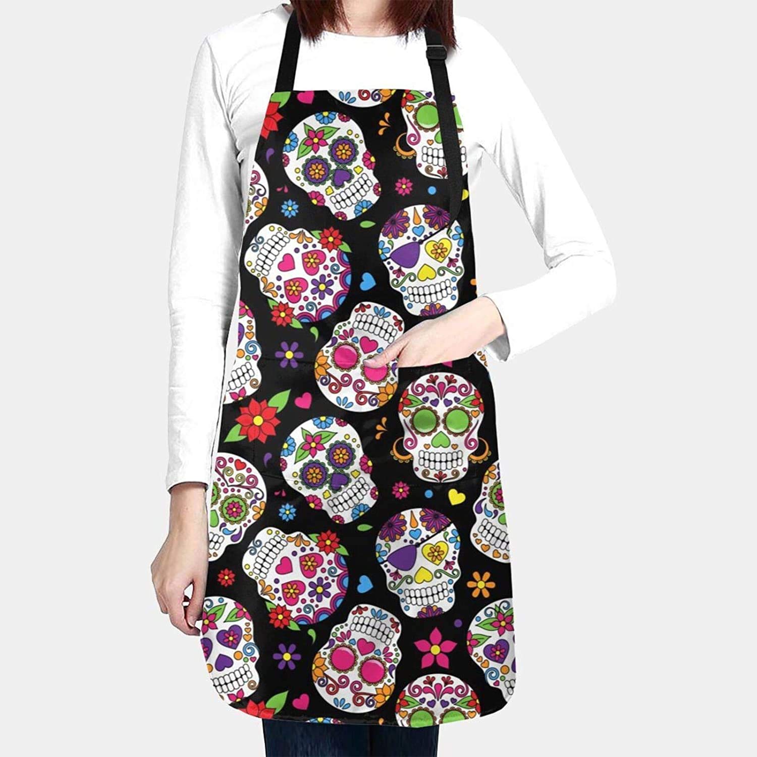 Tovip Sugar Skull 2Pcs Flower Apron Women Men Colorful Skull Cotton Linen Aprons for Kitchen Home Cooking Baking Cleaning Accessories 26.8 x 21.7 inch