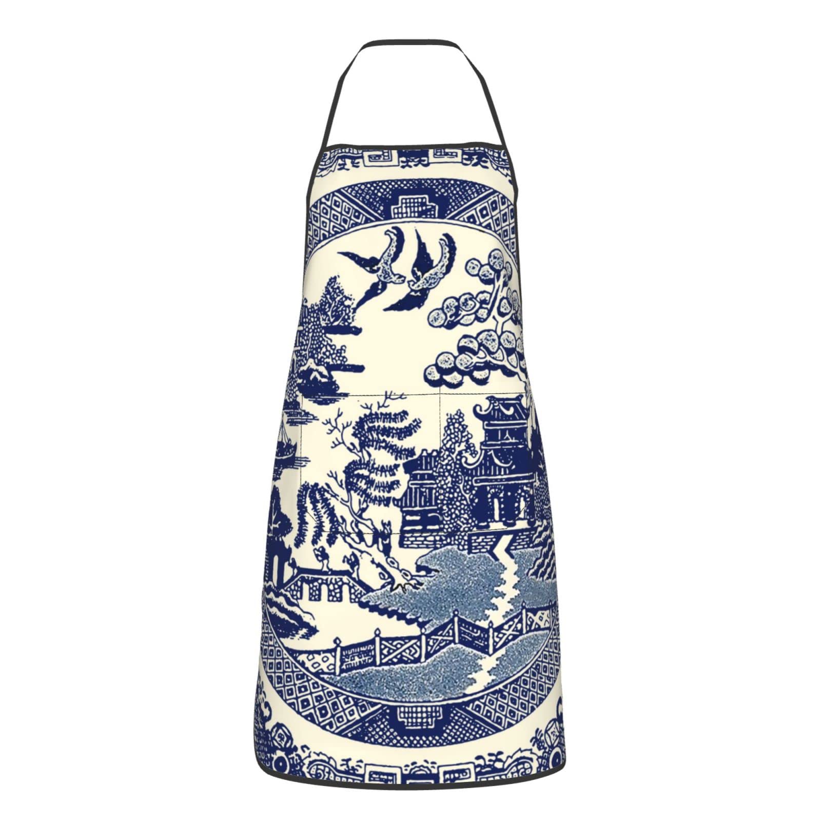 Oriental Style Chinese Blue Willow Aprons Women Men With Pocket Washable Anti-Stain Kitchen Chef Bib Apron For Cooking Garden Bbq Painting