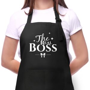 Moanlor Art Funny Cooking Aprons for Women,The Real Boss Apron with Pockets,Gifts for Friends Sister,Cute Birthday Mother's Day Christmas Kitchen Gifts for Mom Wife Grandma-Black