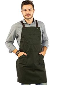 under ny sky essential army green apron – cross-back with durable twill and leather reinforcement – adjustable for men and women – pro chef, tattoo artist, baker, barista, bartender, server aprons