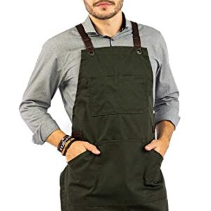 Under NY Sky Essential Army Green Apron – Cross-Back with Durable Twill and Leather Reinforcement – Adjustable for Men and Women – Pro Chef, Tattoo Artist, Baker, Barista, Bartender, Server Aprons