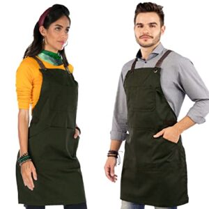 Under NY Sky Essential Army Green Apron – Cross-Back with Durable Twill and Leather Reinforcement – Adjustable for Men and Women – Pro Chef, Tattoo Artist, Baker, Barista, Bartender, Server Aprons