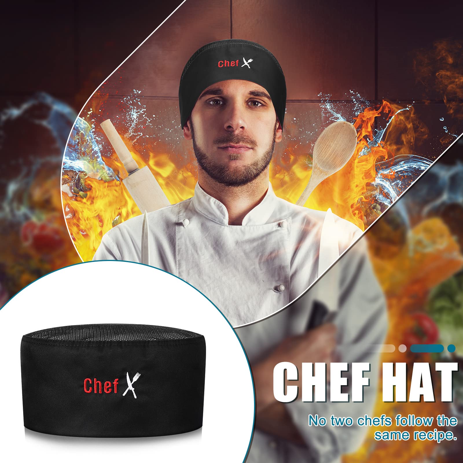 6 Pieces Unisex Chef Hats Mesh Top Kitchen Cooking Caps Breathable Cook Hats for Men Women Skull Fabric Chef Cap Elastic Food Kitchen Beanie Black