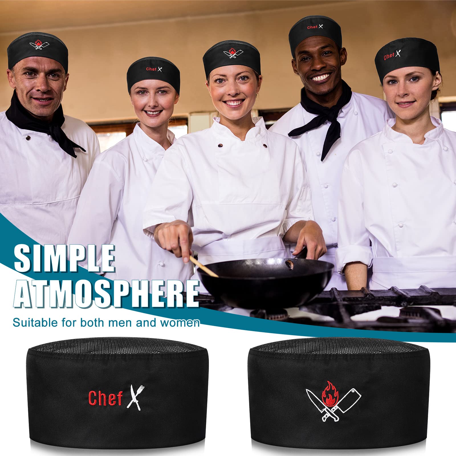 6 Pieces Unisex Chef Hats Mesh Top Kitchen Cooking Caps Breathable Cook Hats for Men Women Skull Fabric Chef Cap Elastic Food Kitchen Beanie Black