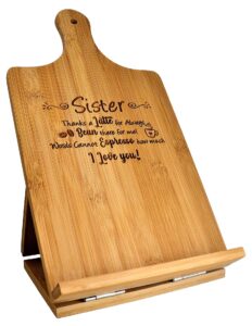 sister gift - recipe cookbook holder stand custom engraved bamboo cutting board foldable chef easel metal hinges kickstand ipad tablet compatible christmas birthday kitchen decor design (7.25x13.5)