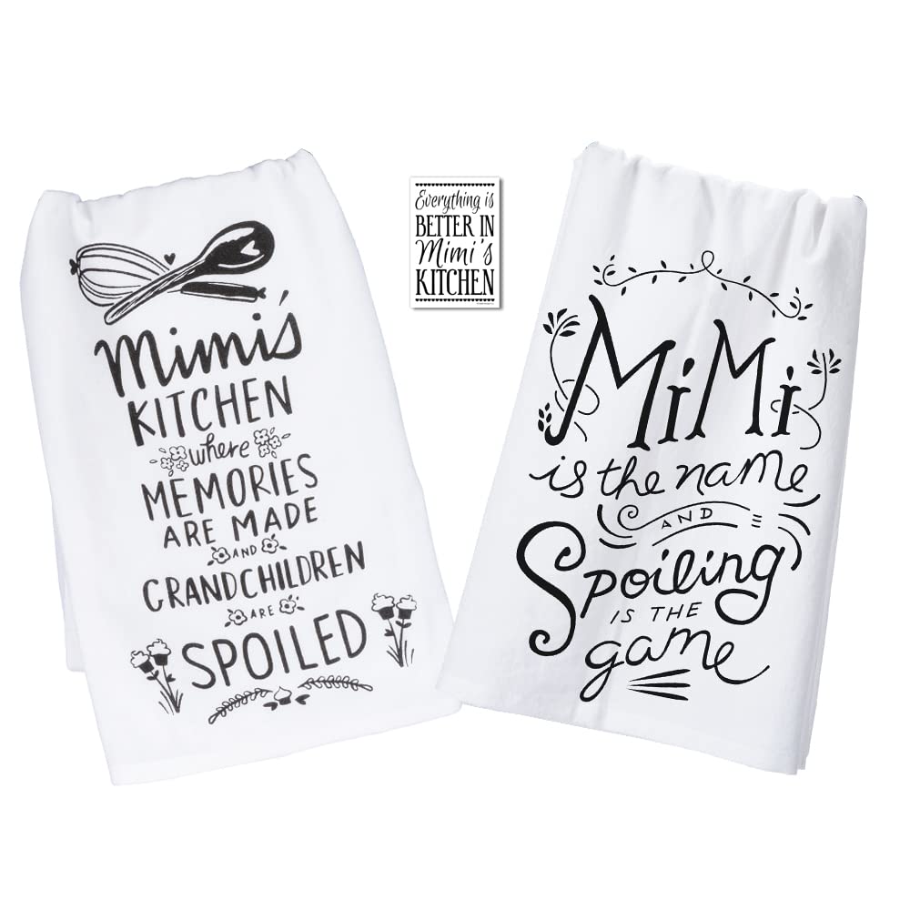 Mimi Gifts from Grandkids - Set with 2 Cute Kitchen Towels with Sayings and a Refrigerator Magnet - Best Christmas, Birthday, Mother's Day Present for Grandmother