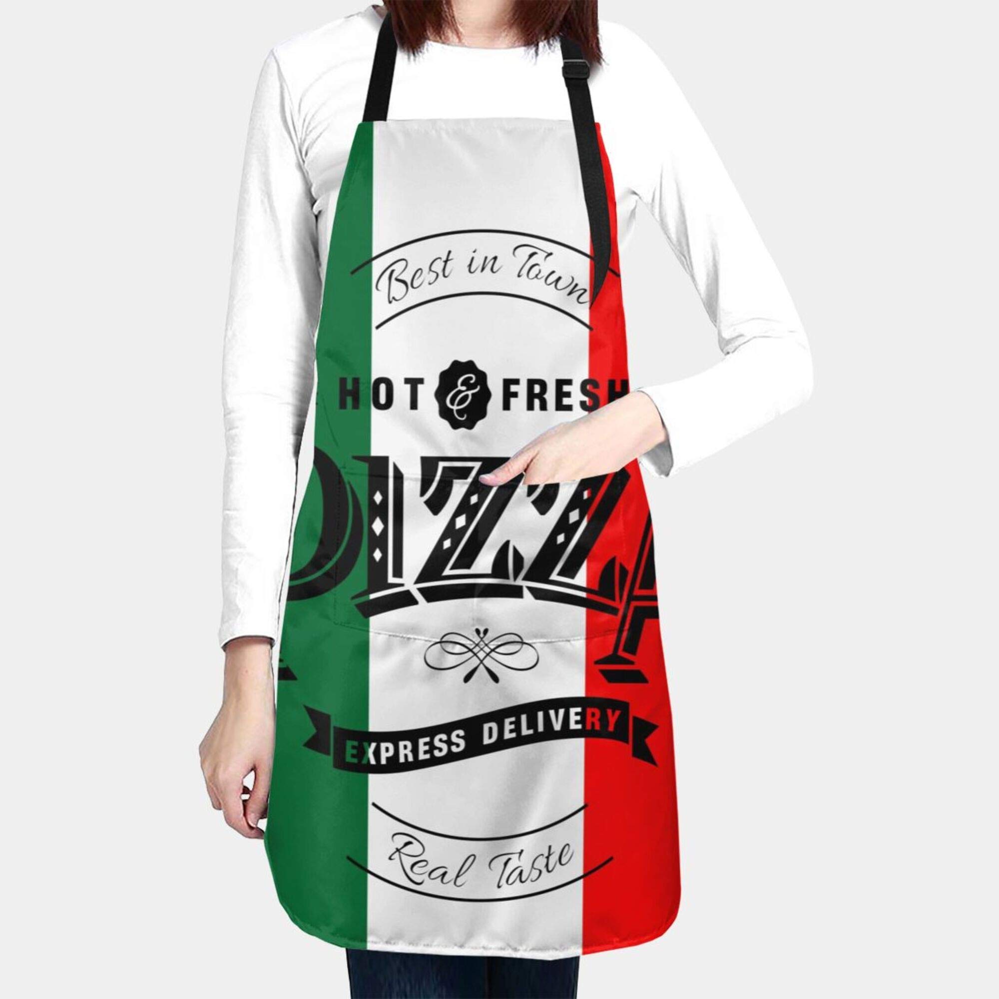 EZYES Pizza Apron, Retro Grunge Italian Flag Kitchen Aprons with Pocket & Adjustable Neck for Chef Cooking Gardening Home Adult Size