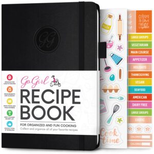 gogirl recipe book – blank cookbook to write in your own recipes – empty cooking journal for family recipes – personalized recipe notebook – hardcover, a5, 58 recipes in total - black