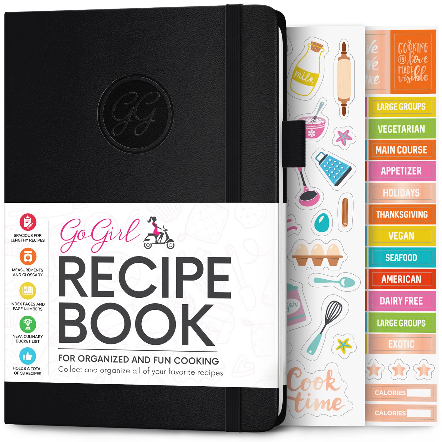 GoGirl Recipe Book – Blank Cookbook to Write In Your Own Recipes – Empty Cooking Journal for Family Recipes – Personalized Recipe Notebook – Hardcover, A5, 58 Recipes In Total - Black