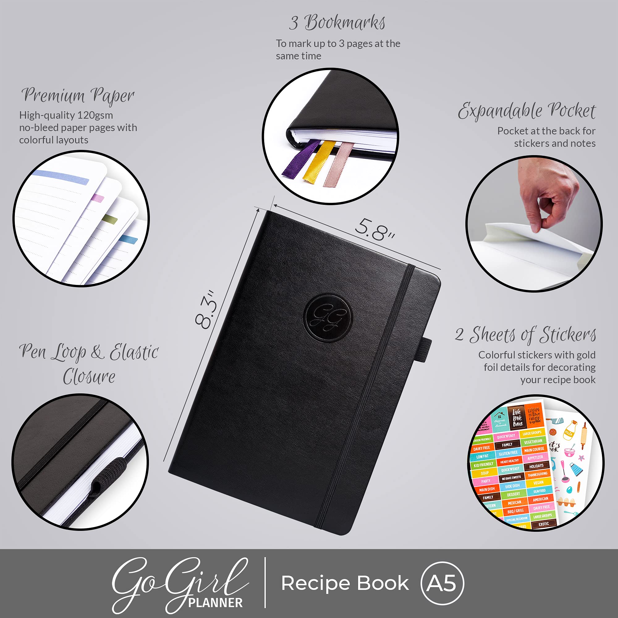 GoGirl Recipe Book – Blank Cookbook to Write In Your Own Recipes – Empty Cooking Journal for Family Recipes – Personalized Recipe Notebook – Hardcover, A5, 58 Recipes In Total - Black