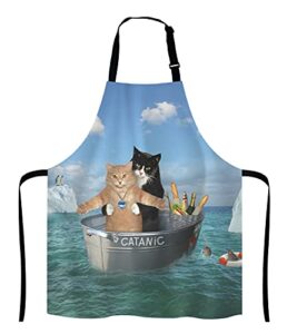 lefolen funny cats adjustable bib apron, the two brave cats are drifting in the steel cooking kitchen apron for men women