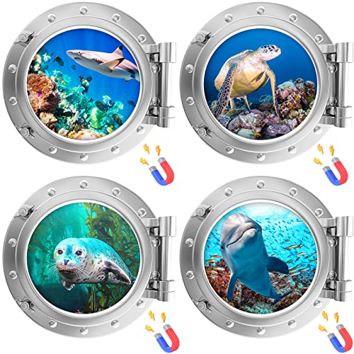 4 Pcs 9.8 Inch Cruise Porthole Magnets Beach Cruise Door Magnet Sea Turtle Shark Seal Dolphin Ocean Animals World Under Sea Decor for Carnival Refrigerator Car Door