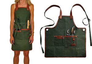 garden apron for women men, gardening apron with pockets and adjustable leather straps, canvas waist kitchen apron for harvesting weeding gardening cooking baking, gardener gift idea