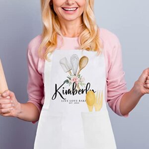 Personalized White Kitchen Apron Gifts for Women - 9 Cute Designs w/Name Text - Custom Bbq Grilling Cooking Aprons for Chef w/Pocket - Customized Floral Kitchen Apron Gift for Girl - Barbecue Apron C1