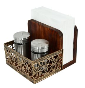owlgift two-in-one rustic brown wood condiment tabletop serving caddy with napkin holder, metal & wooden napkin holder, freestanding salt & pepper napkin holder, malfunction salt pepper storage holder