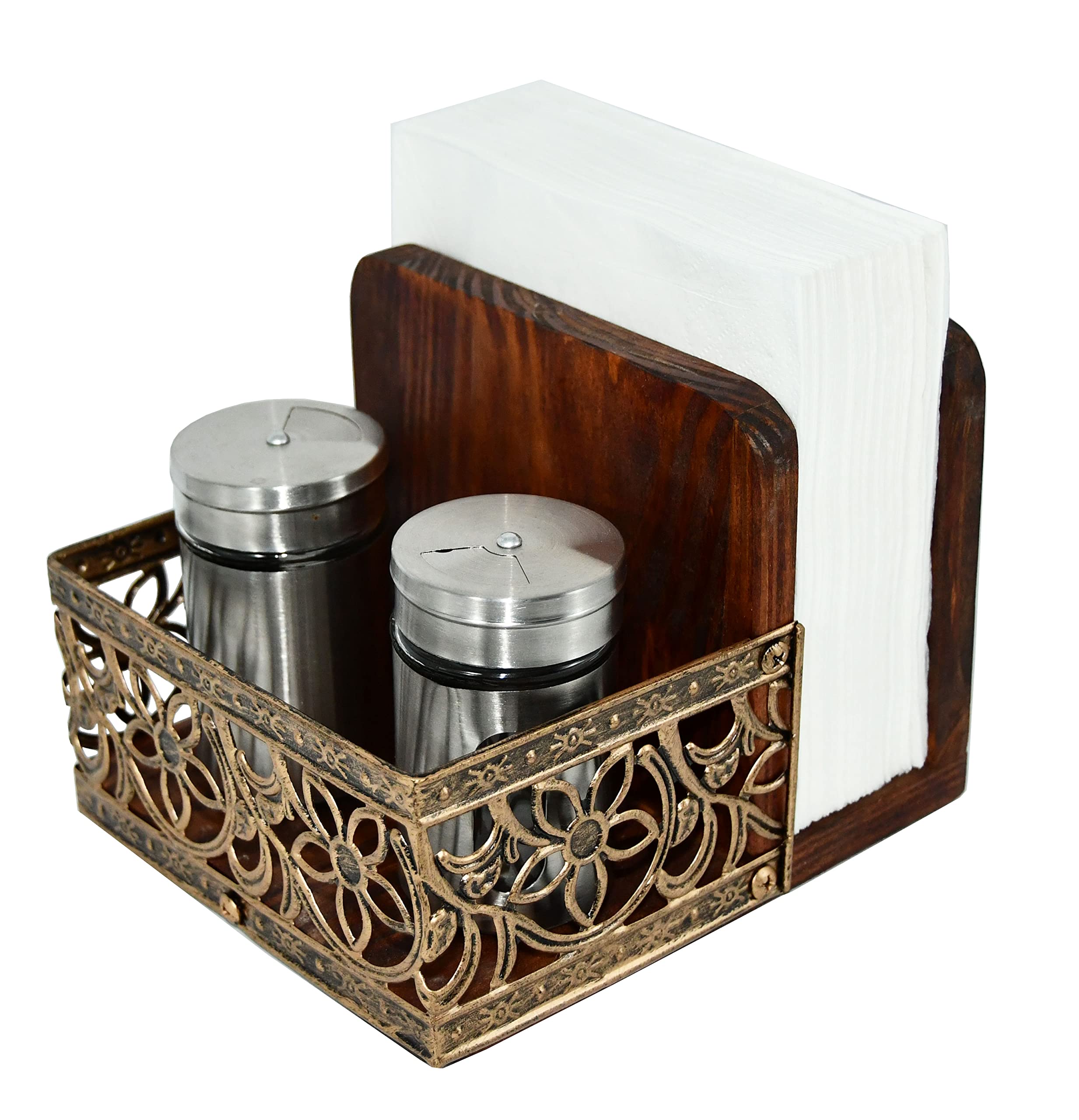 Owlgift Two-in-one Rustic Brown Wood Condiment Tabletop Serving Caddy with Napkin Holder, Metal & Wooden Napkin Holder, Freestanding Salt & Pepper Napkin Holder, Malfunction Salt Pepper Storage Holder