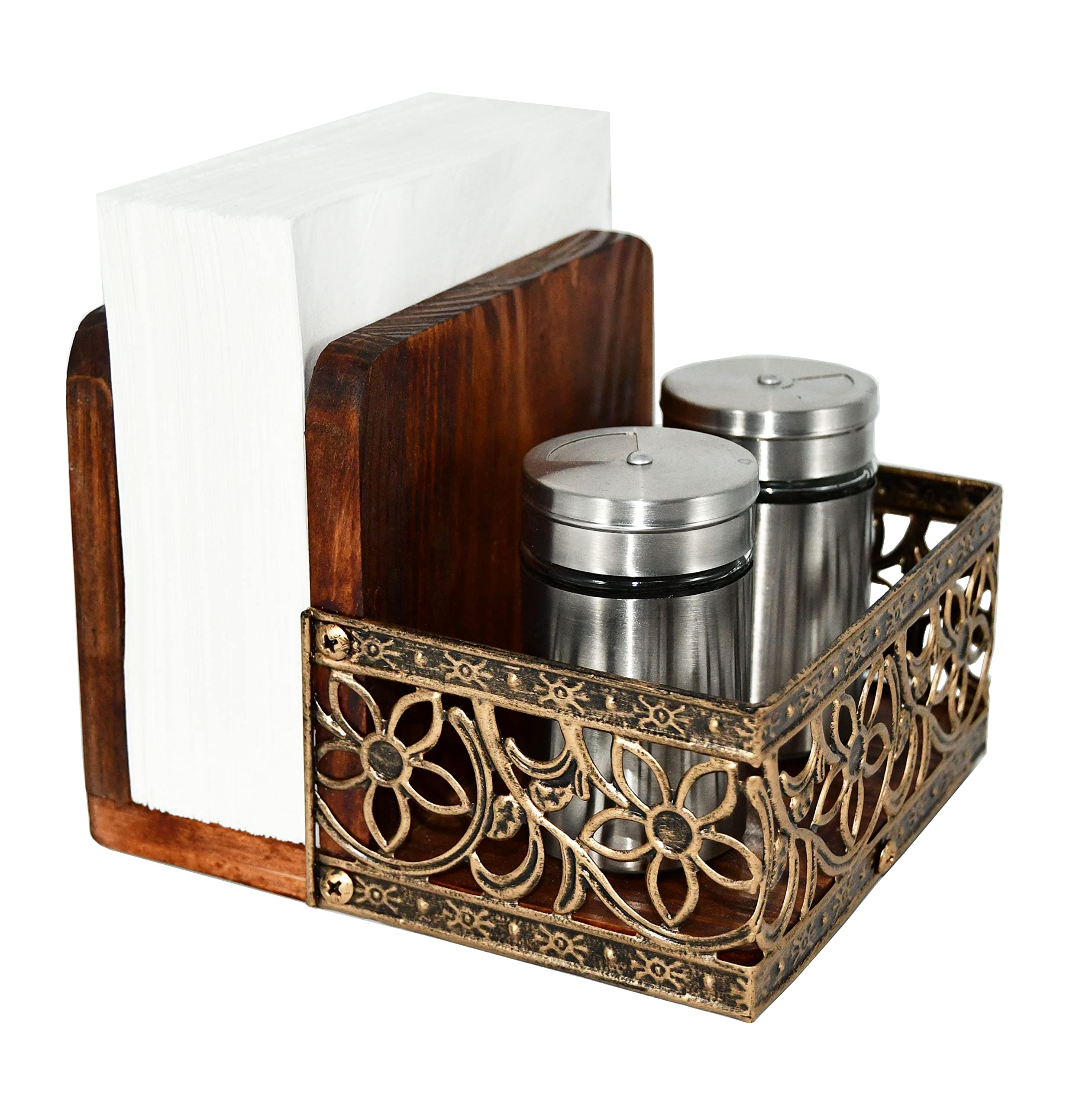 Owlgift Two-in-one Rustic Brown Wood Condiment Tabletop Serving Caddy with Napkin Holder, Metal & Wooden Napkin Holder, Freestanding Salt & Pepper Napkin Holder, Malfunction Salt Pepper Storage Holder