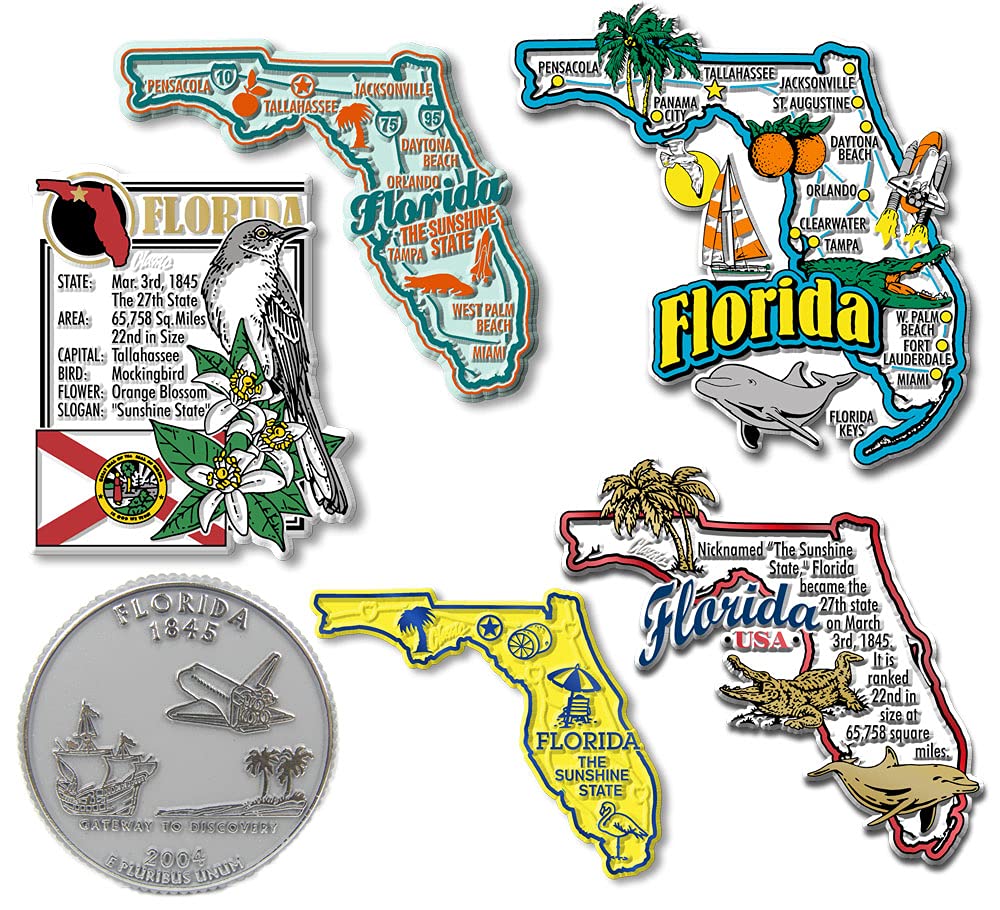 Florida Six-Piece State Magnet Set by Classic Magnets, Includes 6 Unique Designs, Collectible Souvenirs Made in The USA