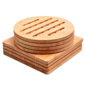 trivet,bamboo trivet,woobamboo trivet kitchen bamboo hot pads trivet natural bamboo trivet mat set for hot dishes/pot/bowl/teapot/hot pot holders 4 square 4 roundness 1 storage rackden trivets. … …