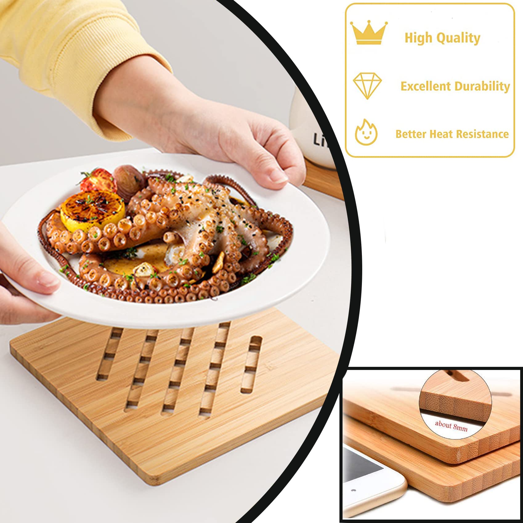 Trivet,Bamboo Trivet,wooBamboo Trivet Kitchen Bamboo Hot Pads Trivet Natural Bamboo Trivet Mat Set for Hot Dishes/Pot/Bowl/Teapot/Hot Pot Holders 4 Square 4 Roundness 1 Storage rackden trivets. … …