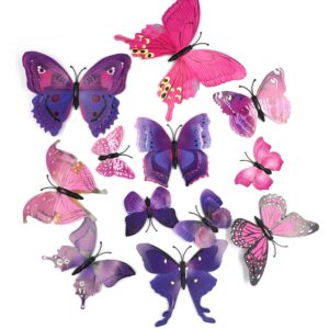 Ruwado 12 Pcs Purple Butterflies Double Wings Refrigerator Magnets Wall Decal Removable Sticker Decoration for Home Kitchen Kids Room Bedroom Office Theme Parties Classroom Window Décor (Purple)