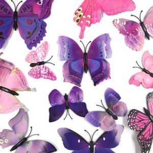 Ruwado 12 Pcs Purple Butterflies Double Wings Refrigerator Magnets Wall Decal Removable Sticker Decoration for Home Kitchen Kids Room Bedroom Office Theme Parties Classroom Window Décor (Purple)