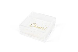 premium acrylic cocktail napkin holder - elegant napkin holder with bonus 20 gold embossed 'cheers' napkins included- 5x5 inches heavy duty acrylic cocktail napkin holder for parties and events