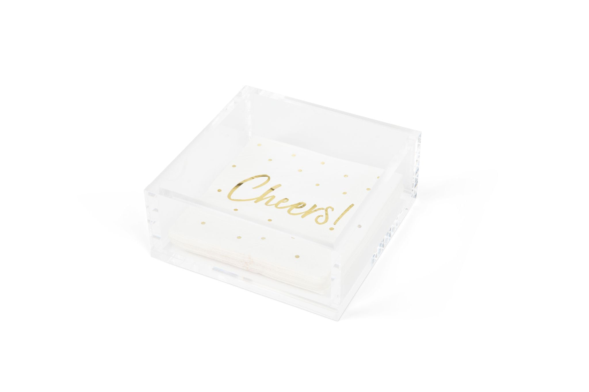 Premium Acrylic Cocktail Napkin Holder - Elegant Napkin Holder with Bonus 20 Gold Embossed 'Cheers' Napkins Included- 5x5 Inches Heavy Duty Acrylic Cocktail Napkin Holder for Parties and Events