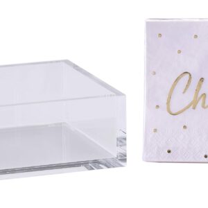 Premium Acrylic Cocktail Napkin Holder - Elegant Napkin Holder with Bonus 20 Gold Embossed 'Cheers' Napkins Included- 5x5 Inches Heavy Duty Acrylic Cocktail Napkin Holder for Parties and Events