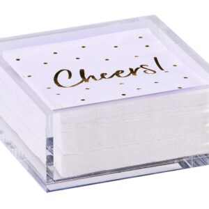 Premium Acrylic Cocktail Napkin Holder - Elegant Napkin Holder with Bonus 20 Gold Embossed 'Cheers' Napkins Included- 5x5 Inches Heavy Duty Acrylic Cocktail Napkin Holder for Parties and Events