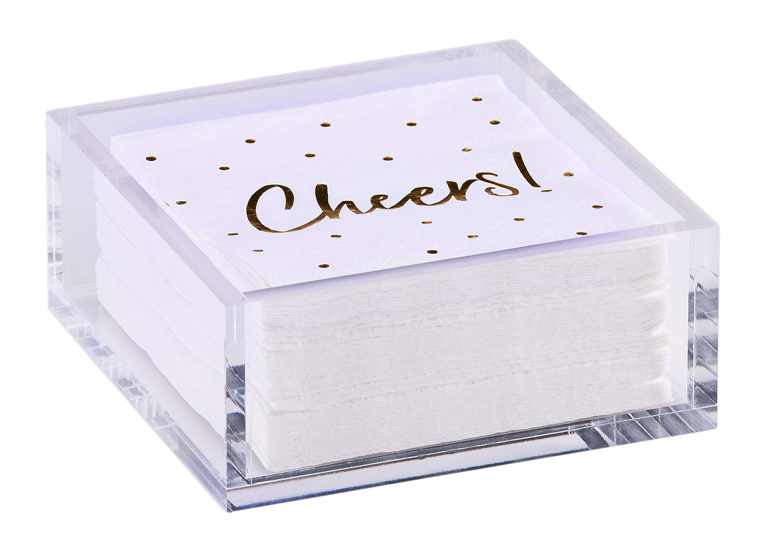 Premium Acrylic Cocktail Napkin Holder - Elegant Napkin Holder with Bonus 20 Gold Embossed 'Cheers' Napkins Included- 5x5 Inches Heavy Duty Acrylic Cocktail Napkin Holder for Parties and Events