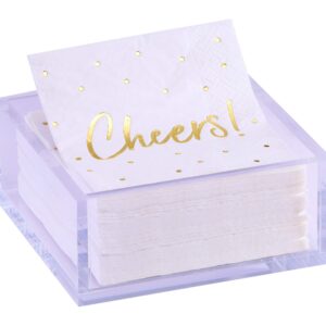 Premium Acrylic Cocktail Napkin Holder - Elegant Napkin Holder with Bonus 20 Gold Embossed 'Cheers' Napkins Included- 5x5 Inches Heavy Duty Acrylic Cocktail Napkin Holder for Parties and Events