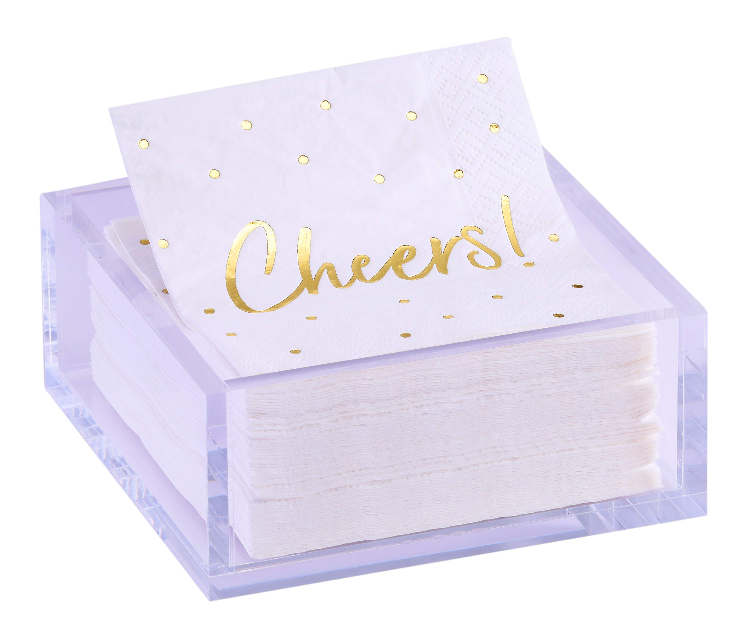 Premium Acrylic Cocktail Napkin Holder - Elegant Napkin Holder with Bonus 20 Gold Embossed 'Cheers' Napkins Included- 5x5 Inches Heavy Duty Acrylic Cocktail Napkin Holder for Parties and Events