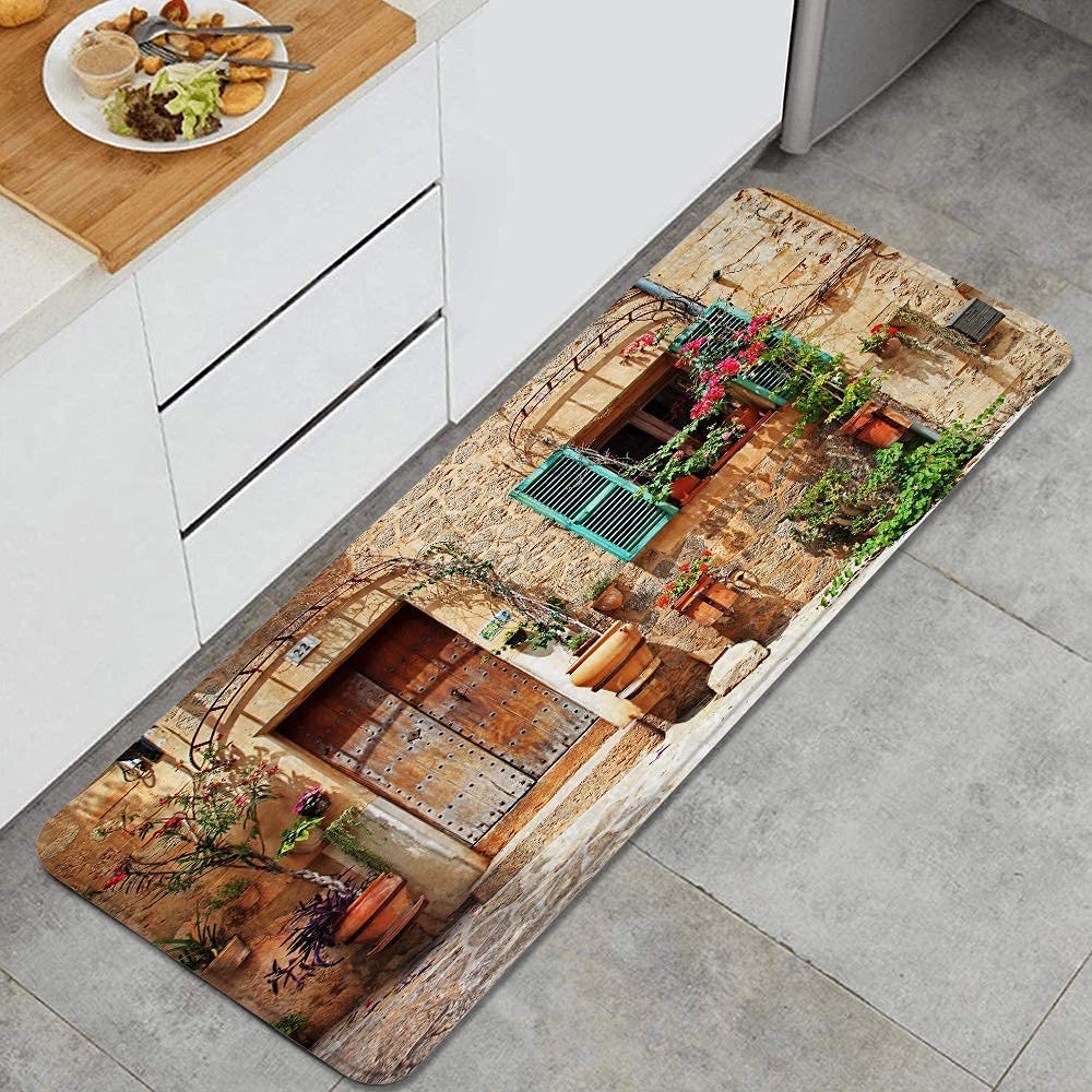 Home Decor Memory Foam Anti-Fatigue Kitchen Floor Mat,Streets of Old Mediterranean Towns Provence Landscape Flower Door Windows,Comfort Standing Area Rug Carpet Non Slip,47.2" x 17.7"