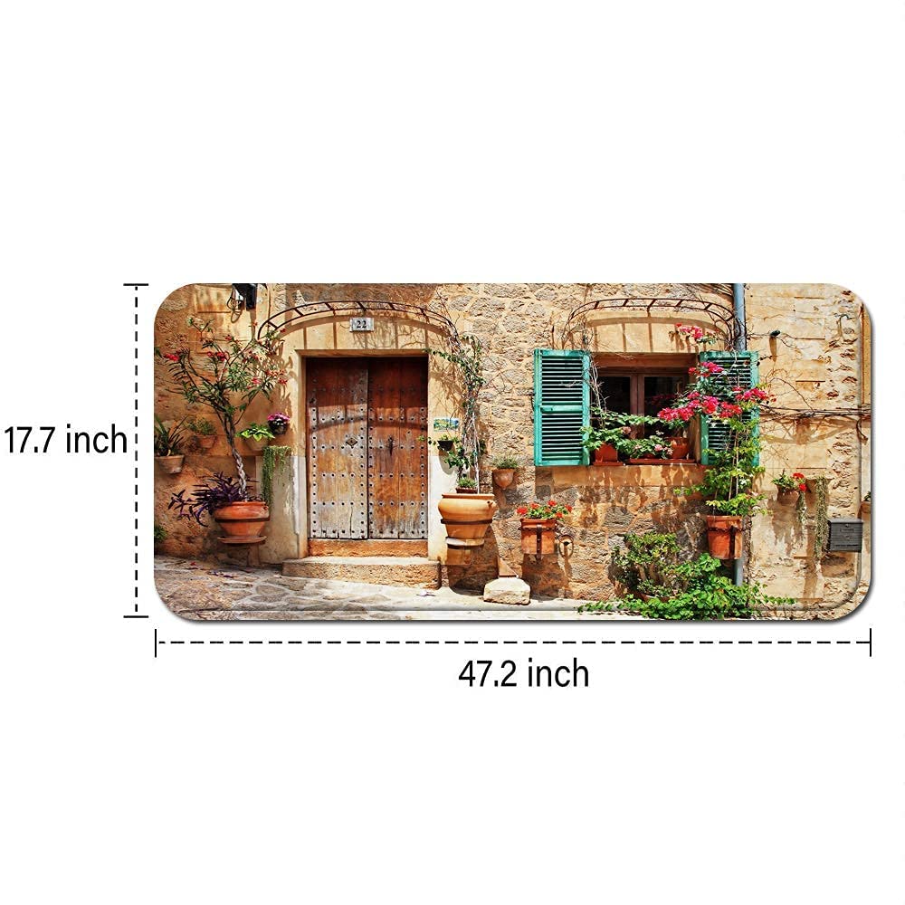 Home Decor Memory Foam Anti-Fatigue Kitchen Floor Mat,Streets of Old Mediterranean Towns Provence Landscape Flower Door Windows,Comfort Standing Area Rug Carpet Non Slip,47.2" x 17.7"