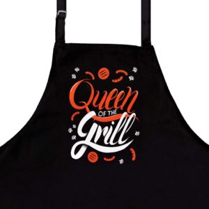 nomsum queen of the grill aprons for women with pockets, comfy and tough cotton fabric funny aprons for women, one size fits all with adjustable wrap around straps for cooking, grilling, and painting