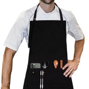 lessmo bib apron, canvas cotton cooking aprons for women men, adjustable neck strap with 3 pockets, 100% cotton, professional quality 70 x 85 cm, for chef restaurant, kitchen, bbq (black)