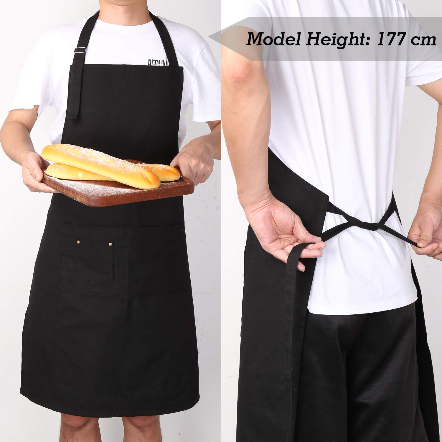 LessMo Bib Apron, Canvas Cotton Cooking Aprons for Women Men, Adjustable Neck Strap with 3 Pockets, 100% Cotton, Professional Quality 70 x 85 cm, for Chef Restaurant, Kitchen, BBQ (Black)