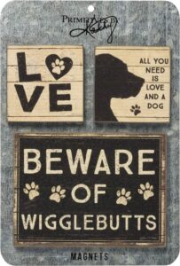 primitives by kathy distressed black and white magnet set, set of 3, and a dog