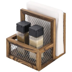 mygift rustic burnt solid wood farmhouse napkin and salt and pepper shaker holder with chicken wire side panel design, kitchen napkin holder and condiment rack