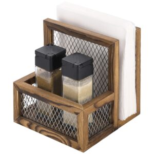 MyGift Rustic Burnt Solid Wood Farmhouse Napkin and Salt and Pepper Shaker Holder with Chicken Wire Side Panel Design, Kitchen Napkin Holder and Condiment Rack