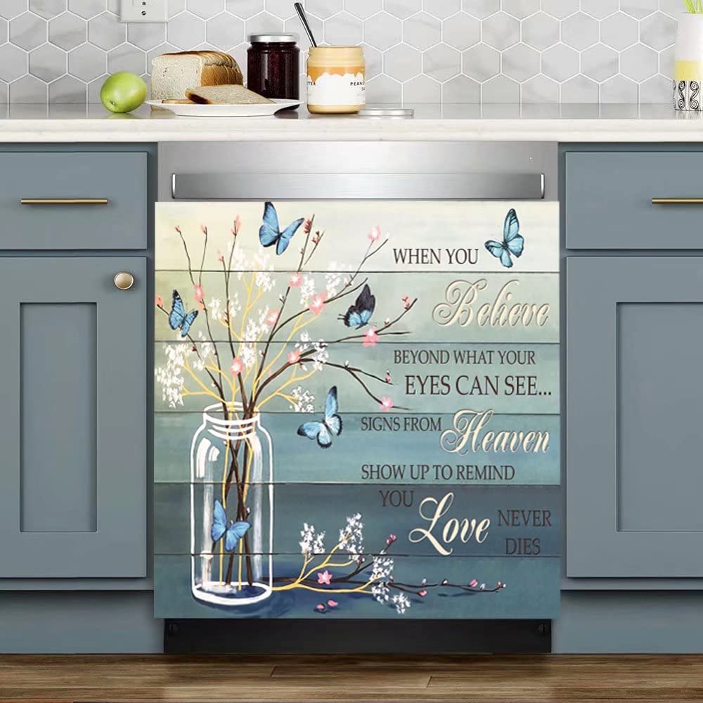 Floral Butterfly Dishwasher Magnet Cover -When You Believe Beyond What Your Eyes Can See Decals Magnetic Decoration,Flower Vase Dishwasher Magnets Decal for Home Kitchen Appliance Decor 23"x26"